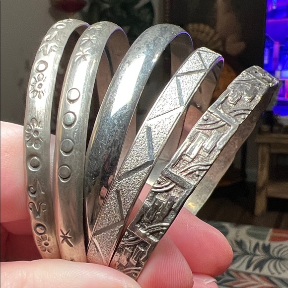 Vintage Jewelry - Vintage Southwestern Silver Tone Bangle Lot Including Some Taxco/Mexico Signed